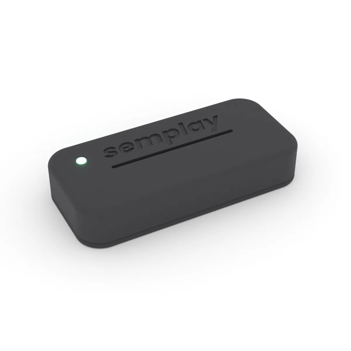 Rendering della console Semplay TV, piccola scatola nera con il logo semplay e una luce verde